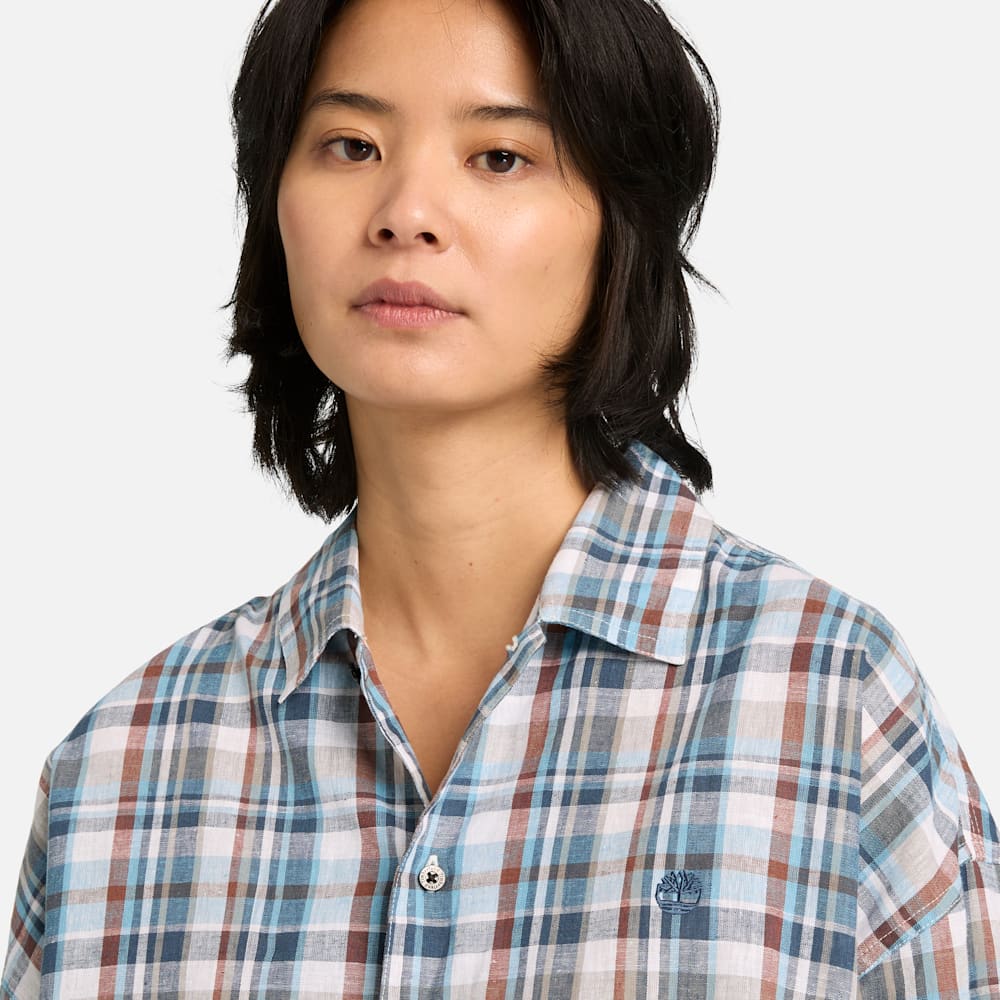 リネン ブレンド ヤーン ダイ プレイド 半袖 シャツ ユニセックス