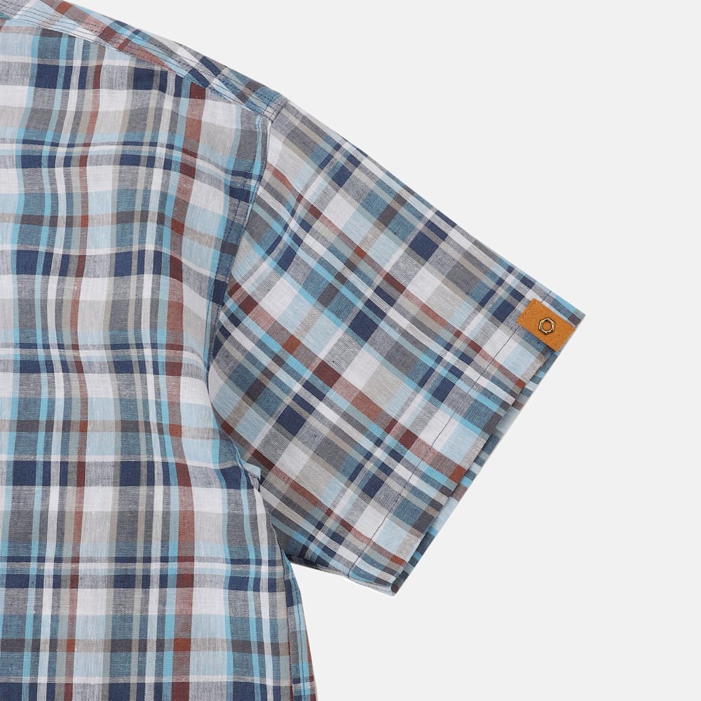 リネン ブレンド ヤーン ダイ プレイド 半袖 シャツ ユニセックス